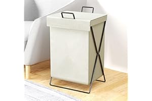 GIBZ Panier à Linge avec Couvercle Sac à Linge Sale Pliable et Imperméable en Coton et en Lin Beige （Avec Couvercle）