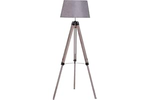 HOMCOM Tripod Floor Lamps for Living Room Bedroom, Modern Adjustable Standing Lamp with Wood Legs, Drum Fabric Shade, 99-143cm, Grey