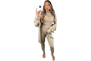 Crazy Fashion Women's 3 Piece Roll Neck Chunky Knitted Long Sleeve Top Tracksuit Ladies Ribbed Sleeveless Jumper Lounge Wear Set 2PCS Suit
