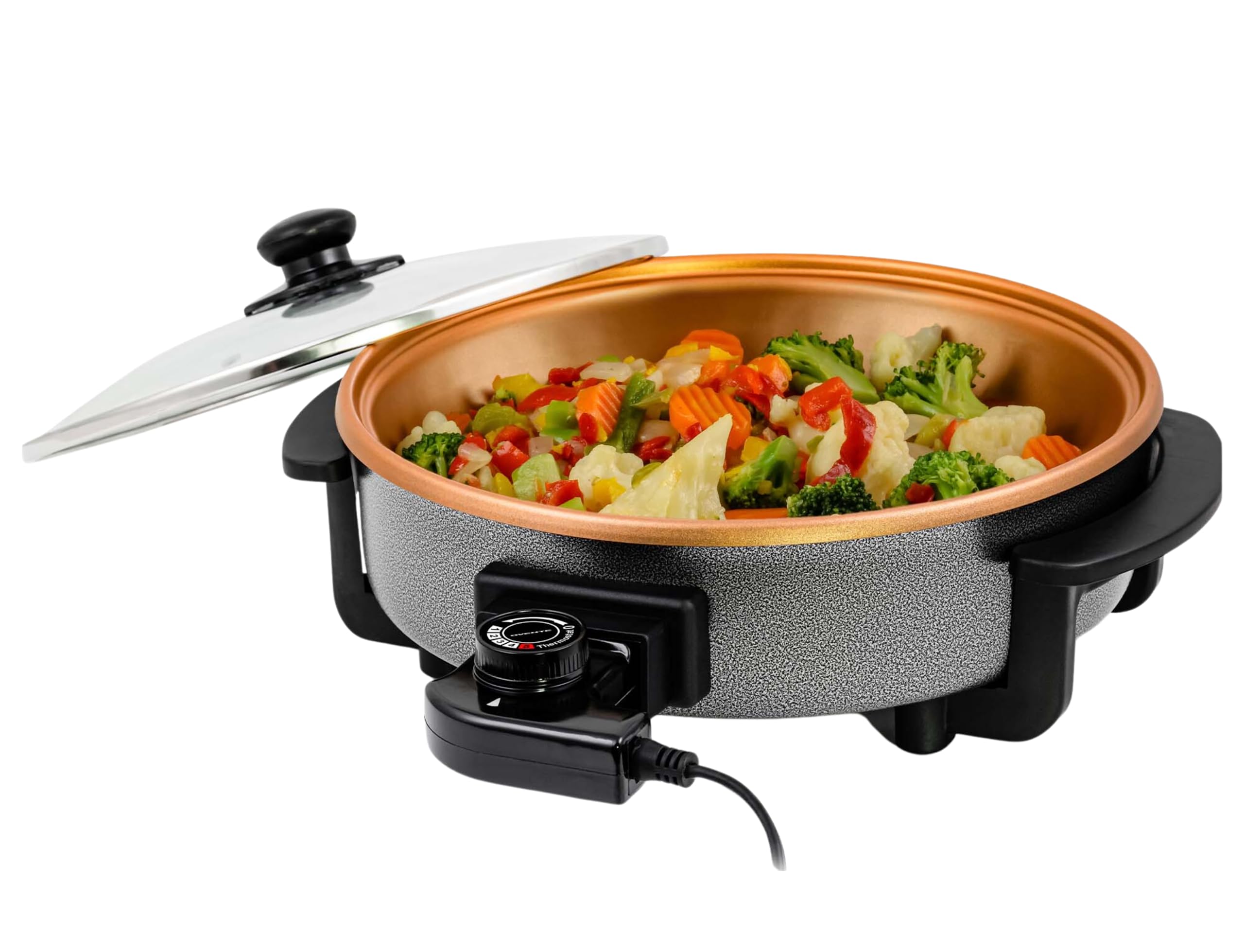 Ovente Electric Skillet 12 Inch with Non Stick Aluminum Body and Glass Cover, Adjustable Temperature Control, Easy to Clean, 1400 Watts for Pizza, Steak, Breakfast and More, Copper (SK11112CO)