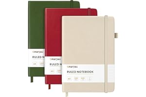 SMARPAU marpau 3 Pack Notebooks A5, Hardcover Leather Journal with 100gsm Thick Paper, 540 Pages Composition Notepads for Women Men Work School, 14.5 x 21cm - Beige, Olive Green, Red