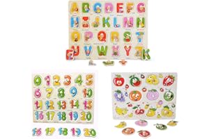 HOMNIVE Wooden Puzzles - Numbers, Letters and Fruit Educational Toys - Wooden Peg Puzzle for 1 2 3 +Year Old for Toddlers Girl Boy (Pack of 3)