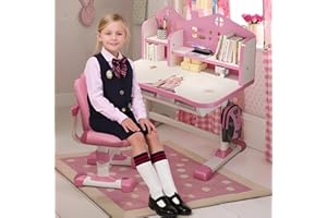 IONDELCE Schreibtisch Kinder, Kinderschreibtisch Höhenverstellbar mit Astronaut Muster, Ergonomische Schreibtischstuhl mit Großen Schreibtafel, Bücherregal und Schublade,Schreibtisch Kinder ab 6 Jahren(Rosa C)