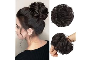 FESHFEN Chignon Postiche Cheveux Grande Postiches, Bouclés Ondulés Extensions Chouchou Postiche Cheveux Naturel Faux Chignon effet decoiffe Elastique pour Femme, Brun Foncé 55g
