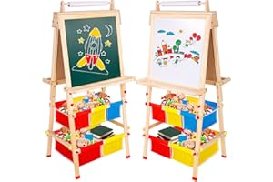 YULEYU Wooden Art Easel for Children, Height Adjustable Large Size Double-Sided Children's Easel with Paper Roll for Children
