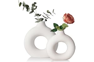 GUHAOOL Donut Vase, Weiß Donut Keramik Vase Satz von 2 für Moderne Home Decor, Runde Matte Vasen für Pampasgras, Boho-Vasen für Dekoration von Wohnzimmer, Schlafzimmer, Esstisch, Geschenk (M + S)