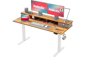 Agilestic Biurko z regulacją wysokości z dwiema szufladami, 140 x 60 cm, elektryczne biurko komputerowe z funkcją pamięci, biurko biurowe i domowe, jasnobrązowe