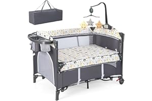 RELAX4LIFE 5 en 1 Cuna Bebé con 5 Alturas Ajustables, Cambiador, Colchón, Caja Música, Juguetes Colgantes y Bolsa de Transporte, Cuna de Viaje con 2 Ruedas Bloqueables para Bebés 0-3 Años (Gris Claro)