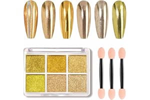 GZMAYUEN Gold Nail Holographic Gel Chrome Powder, 6 Colors Metallic Powder for Gel Nails Mirror Nail Art