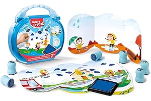 JOUSTRA Maped - Set de Manualidades para Niños - Mis Primeros Sellos - Apto a Partir de 2 Años - Incluye 1 Maletín Reutilizable, 6 Sellos Ergonómicos, 6 Pósters para Decorar y 1 Tintero Azul