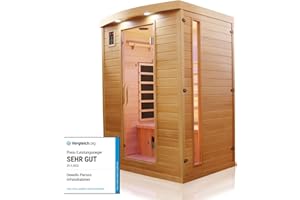 Dewello® Infrarotkabine Infrarotsauna Pierson 135cm x 105cm 1-2 Personen aus Hemlock Holz mit Vollspektrumstrahler, Bodenstrahler, LED-Farblicht, Bluetooth, FM,MP3,USB