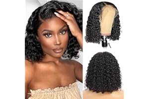 NICMISS Perruque Cheveux Humain 13×4 Lace Wig Human Hair Perruque Femme Naturelle Brésilien Bouclée Courte Deep Curly Bob Lace Wig Human Hair 150% Density Couleur Naturelle 8 pouces