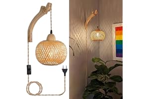 LIYABBER Drewniana Lampa Ścienna Wewnętrzna, Vintage Lampa Ścienna z Wtyczką i Przełącznikiem, Latarnia Bambusowa E27 Retro, Rattanowa Kinkiet do Sypialni Salonu (Bez Żarówki)