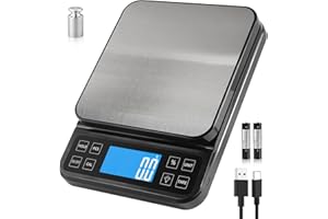 BOMATA Large Kitchen Scale with 0.1g High Precision, Capacity 5kg, Bakery Scale with% Percentage Function, USB Rechargeable, Full-View Angle LCD with Backlight, Stainless Steel Pan