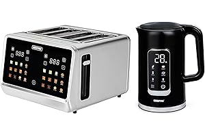 GEEPAS 5-in-1 Digital 4 Slice Long Toaster & Electric Kettle Set | 5 Temperature Settings Keep Warm Function 2200W 1.7L Cordless Jug Kettle | 6 Browning Levels, Cancel Defrost & Reheat Function 1770W