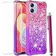 CAIYUNL for Samsung Galaxy A04E Case with Tempered Glass Screen Protector, Women Girls Glitter Bling Floating Liquid Sparkle Cute Soft TPU Phone Case Protective Cover for Samsung A04E Case-Purple/Pink
