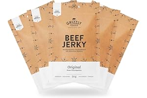 ‎GRIZZLY FOODS Grizzly Foods • Beef Jerky Original (5 x 50 g) • Dried Meat Protein Snacks • Beef from Germany • High Protein Snack for Gym, Fitness, Outdoor, Office