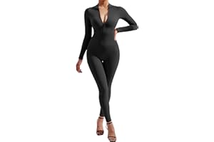 DOULAFASS Unitards for Women Ribbed Jumpsuit Long Sleeve Zip Up Jumpsuit Seamless Yoga Romper All In One Jumpsuit