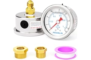 MEANLIN MEASURE 0~1BAR/15PSI Acier inoxydable Manomètre à cadran 1/8"BSP 1.5",rempli de glycérine,liquide,eau,huile,air,montage arrière,avec douille hexagonale 1/8"x 1/4" BSP et 1/8"x 3/8" BSP