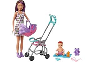 Barbie Skipper Niñera Muñeca con Carrito de bebé y niño, Juguete con 7 Accesorios, Regalo +3 años, Multicolour (Mattel GXT34)