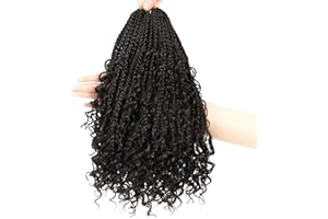 FIRSTCYH HAIR Boho Box Braids Crochet Hair with Curly Hair Pre Loop Long Black Messy Goddess Box Braids Extensions de cheveux pour femmes noires (35.56 cm (Lot de 8), 4#)