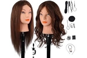 DaizySight Cabeza de Maniquí de Peluquería con Pelo Natural 100%, Cabeza de Maniquí de Cabello Humano Cosmetología Marrón Oscuro con Abrazadera y Herramientas de Peinado, 46cm