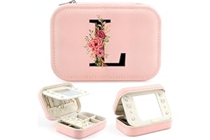 Tarklanda Boîte à Bijoux avec Initiales L, Petit Boite à Bijoux Portable Boîte à Bijoux de Voyage avec Miroir, Boite Rangement avec Lettre, Cadeau pour Femme Filles Amis, Cadeau de Anniversaire, Noël