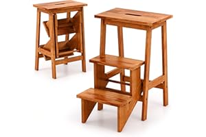 COSTWAY Escabeau à 3 Marches Pliable, Marche Pied en Bois d'Hévéa, 3 en 1 Tabouret Pliante avec Poignée, Patins Antidérapant, pour Salon Chambre Garage, Charge 270 kg (58 x 41 x 61 cm,Chêne Foncé)