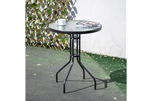 The Fellie Garden Table Round Outdoor Dining Table Side Table Tempered Glass Top Coffee Table Patio Table(60 * 60 * 72cm Round Table-Black)
