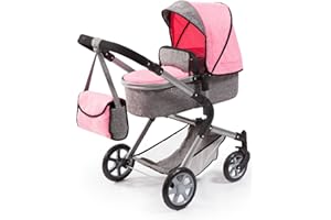 Bayer Design 18125AA Wózek dla lalek City Neo z torbą, wymienic na wózek do joggingu, regulacją wysokości, szary, różowy