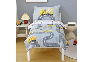 JQWUPUP Grey Construction Cars Cot Bed Duvet Cover Set 120 x 150cm for Boys, Reversible Engineering Digger Highway Microfibre Toddler Bedding Set with Zipper