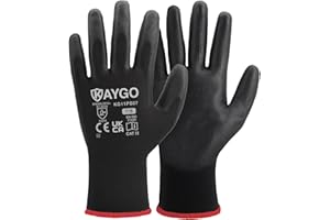 KAYGO Work Gloves PU Coated-12 Pairs, KG11PB, Black Safety Working Gloves with Secure Grip on Palm & Fingers, for Men and Women, Ideal for General Duty Work, Gardening(Small, Black)