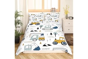 LOUSSIESD Auto Kinder Bettwäsche 135x200 Bau Bettwäsche Set Karikatur Bagger Kran Zugmaschine Dekor Bettwäsche Jugendliche LKW Traktor Bettbezug Weiß Gelb Bettdecke Set Mädchen Jugend Schlafzimmer Dekor