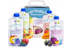 Marmaluzi Premium Organic Baby Food - 6 Months+ Baby Food Pouches - Mix of Baby Fruit Puree - Gluten free, Dairy Free, Non GMO Baby Pouches - Gift set (4 x 90g.)