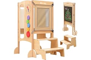 SOFTHOM klappbar lernturm ab 1 Jahr,Learning Tower mit Tafel,Montessori Tower für Kinder inkl. 360° Sicherheitsnetz, 5-in-1 Lernleiter Platzsparend, Höhenverstellbar mit Fußstütze, Vormontiert