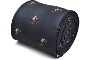 Frederick Thomas navy tie with horse jockey embroidered design with signature floral design to the rear