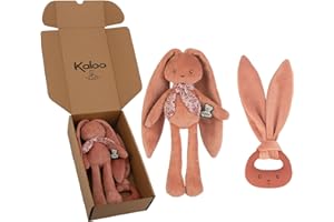 Kaloo – Coffret Cadeau Naissance Bébé - 2 Pièces : Doudou Pantin Lapin 25 cm + Anneau de Dentition en Silicone – Lapinoo – Couleur Terracotta – Dès la Naissance – K390040