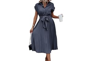 ASOMI Sommerkleid Damen Hemdkleid Kurzarm: Elegant Kurzarm Strandkleid Büro Wickelkleid Mode Tasche Hemdblusenkleid Lässig Blusenkleid Midikleid Knopf Plisseekleid V-Ausschnitt Gürtel