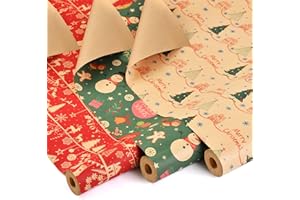 AhfuLife 3 Rouleaux Kraft Papier Cadeau Noël, 43cm×10m Recyclable Papier Emballage Noël avec Motifs Fins pour Emballage Cadeau (Q: Bonhomme de Neige/Arbre de Noel)