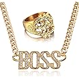 simyron Dollar Sign Ring Letter BOSS Necklace Diamond Gold Set, Hip Hop Pendant, Pendant Jewelry Gift, Long Chain Plated Money for Men(2 Pieces)