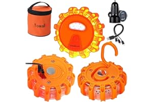 TOWALLMARK [3 Pack] LED Road Flare, USB Rechargeable Emergency Disc Beacon with 9 Flash Modes, 3 in 1 Charging Cable & Car Charger Roadside Flashing Warning Lights for Car Truck Boats（Batteries Included）