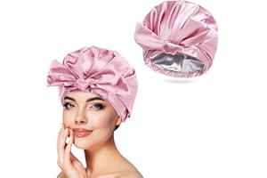 Arqumi Reusable Bath Cap for Women Men, Waterproof Double-Layer Shower Cap with Ribbon Bow Large Elastic Hair Bonnet for Long Thick Hair Pink