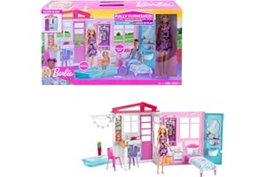 Barbie, Casa amueblada pleglable con cocina, piscina, dormitorio y lavabo con muñeca rubia, Embalaje sostenible, edad recomendada 3 años y más (Mattel GWY84)