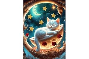 QENSPE 5D Chat Diamond Painting, DIY Fantaisie Peinture Diamant Kit Adulte, Cat Rond Diamant Painting Broderie Kit Complet, Strass Point de Croix Diamond Art Decoration Chambre Murale 30x40cm