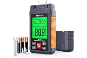 Testeur Humidité, TopTes TS630, Contrôle Rapide Teneur Bois Chauffage & Mur Construction, Grand Écran Rétroéclairé Tricolore, avec 7 Modes, Batterie Incluse