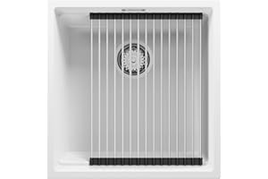 PRIMAGRAN Fregadero bajo Encimera Blanco 46x47cm, Cocina 1 Seno + Sifón + Enrollable Escurridor, Granito al mueble 50cm - Prague S156