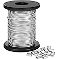 Vinyl Coated Picture Frame Hanging Wire, Stainless Steel Wire Spool with 20 Pieces Aluminum Crimping Loop Sleeve, Supports up to 110 Lbs (1.5 mm x 98 Feet)
