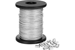 CHENGU Vinyl Coated Picture Frame Hanging Wire, Stainless Steel Wire Spool with 20 Pieces Aluminum Crimping Loop Sleeve, Supports up to 110 Lbs (1.5 mm x 98 Feet)