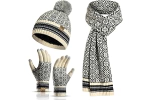 INSISMY Hat Scarf Gloves Set Women's Beanie Hat Long Scarf Thermal Touch Screen Gloves Set 3 PCS Soft Warm Winter Knitted Snowflake Pattern Retro Pom Cap Set for Ladies Men
