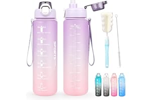 AOHAN Gourde Paille 1l, Bouteille d'eau Sans BPA, Motivation Gourde Sport avec Marquages de Temps, Bouteille Résistant aux Fuites Pour La Gym, L'École, Le Cyclisme